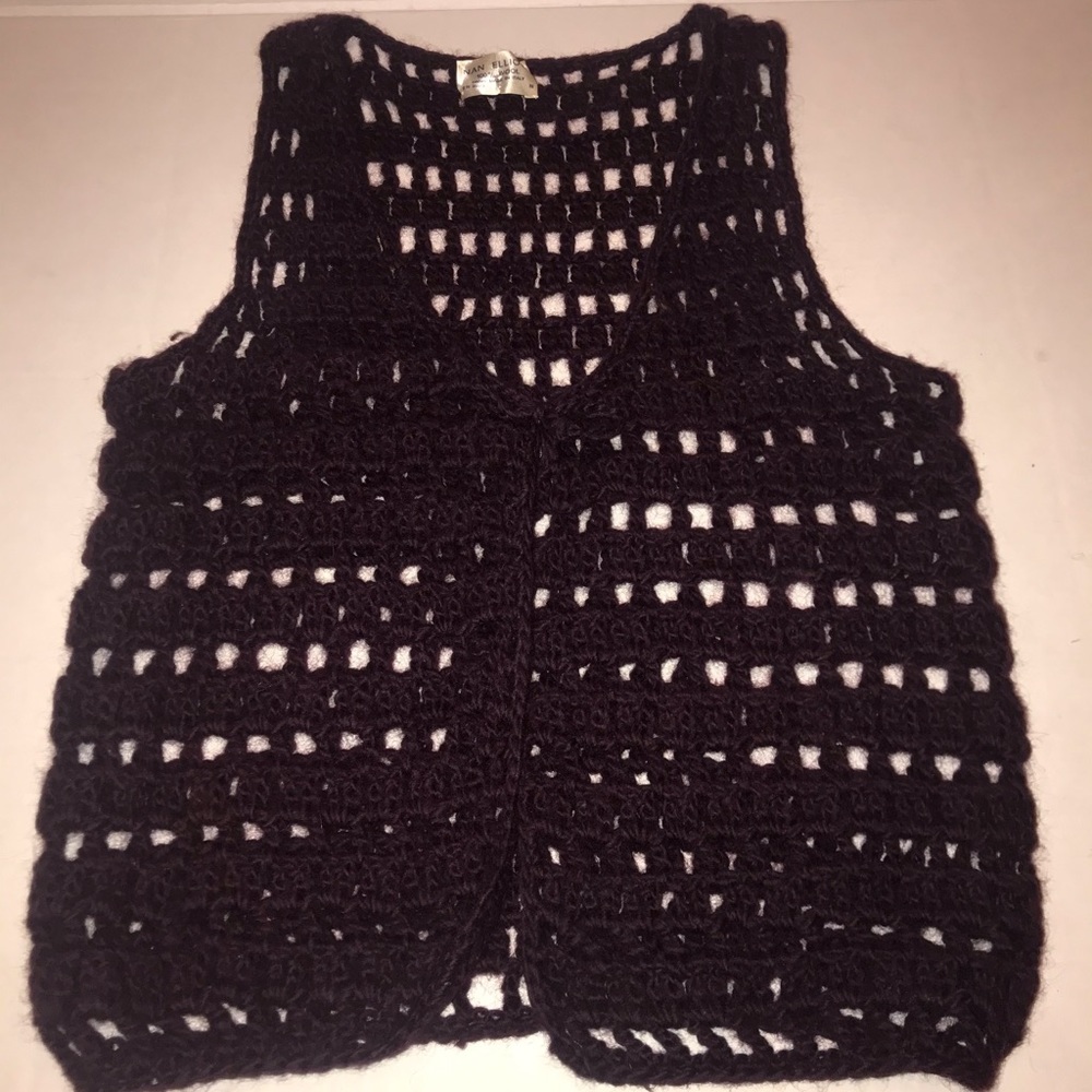 Vtg 70s Italian Wool Eggplant Crochet Boho Hippie Vest Sz M